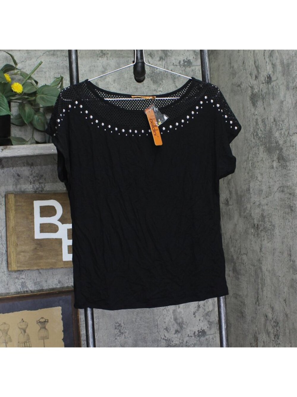 Belldini Mesh Inset Studded Knit Top Black M